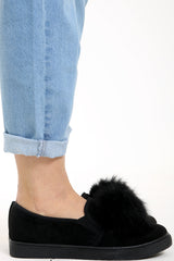 Pom Pom Faux Suede Pumps Flat Shoe