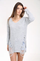 Front And Back Distress Ripped Ladder Oversized Jumper