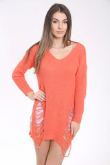 Front And Back Distress Ripped Ladder Oversized Jumper