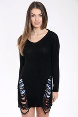 Front And Back Distress Ripped Ladder Oversized Jumper