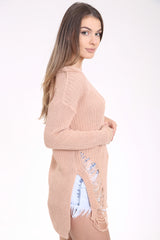 Front And Back Distress Ripped Ladder Oversized Jumper