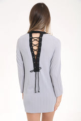 Woven Knit Ribbed Lace Up Mini Dress