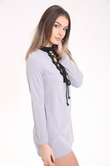 Woven Knit Ribbed Lace Up Mini Dress