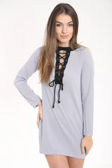 Woven Knit Ribbed Lace Up Mini Dress