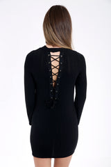 Woven Knit Ribbed Lace Up Mini Dress