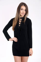 Woven Knit Ribbed Lace Up Mini Dress