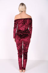 Slashed Knee Crushed Velour Bardot Jumpsuit