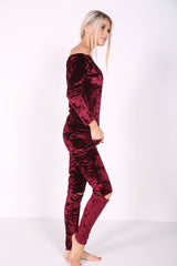Slashed Knee Crushed Velour Bardot Jumpsuit