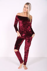 Slashed Knee Crushed Velour Bardot Jumpsuit