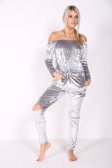 Slashed Knee Crushed Velour Bardot Jumpsuit