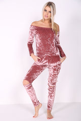 Slashed Knee Crushed Velour Bardot Jumpsuit