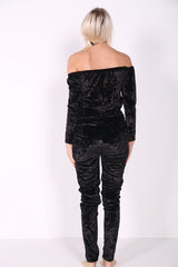 Slashed Knee Crushed Velour Bardot Jumpsuit