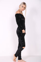 Slashed Knee Crushed Velour Bardot Jumpsuit