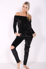 Slashed Knee Crushed Velour Bardot Jumpsuit