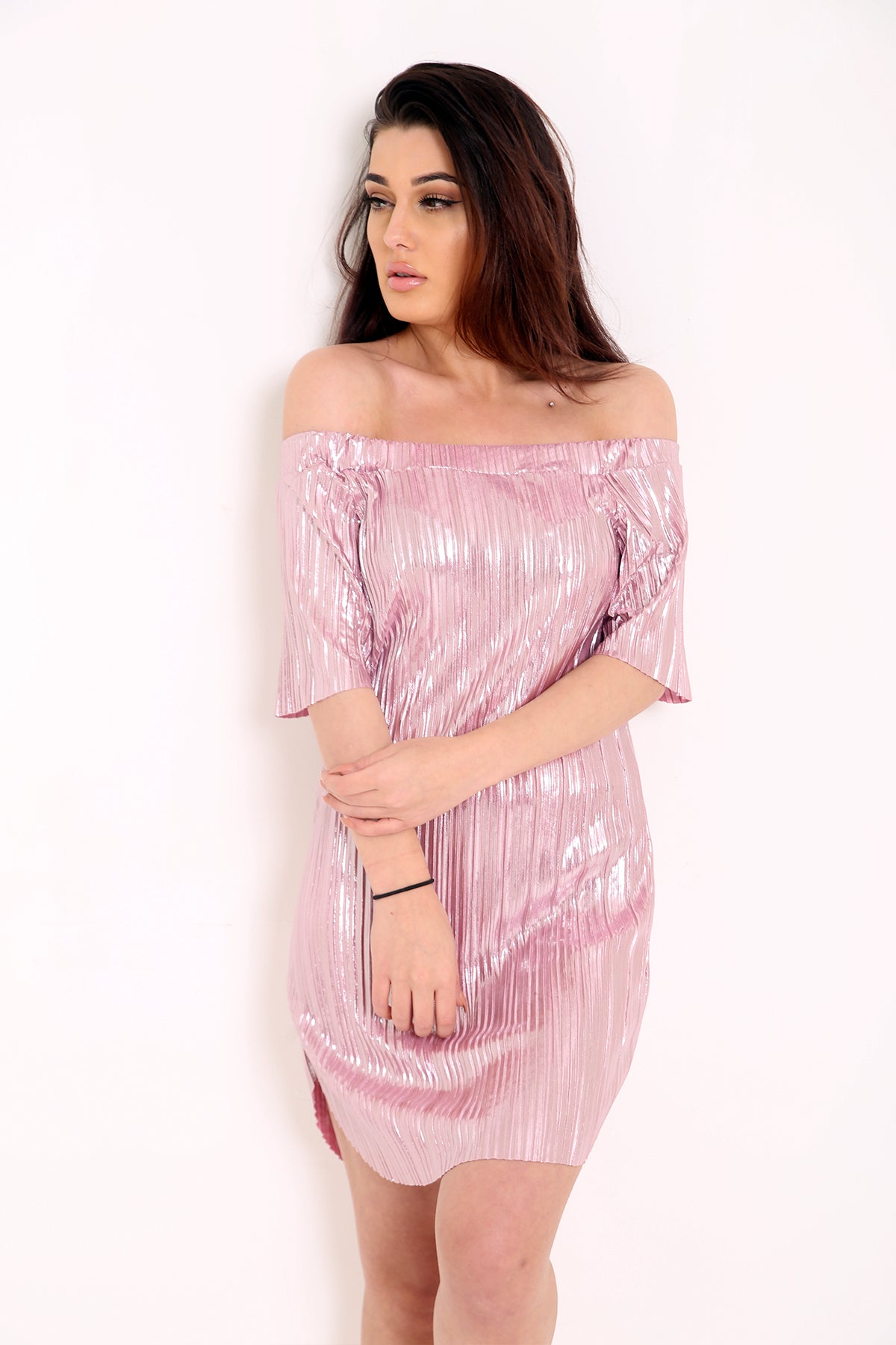 Ladies Clothing And Shoe Wholesaler Stylewise Direct UK Pleated Metallic Foil Bardot Dress Ladies Clothing And Shoe Wholesaler Stylewise Direct UK Pleated Metallic Foil Bardot Dress