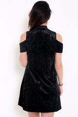 Crushed Velour Choker Neck Cold Shoulder Swing Dress