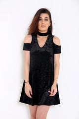 Crushed Velour Choker Neck Cold Shoulder Swing Dress