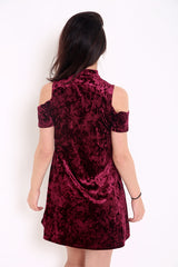 Crushed Velour Choker Neck Cold Shoulder Swing Dress