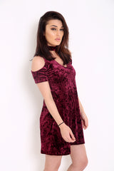 Crushed Velour Choker Neck Cold Shoulder Swing Dress
