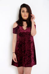 Crushed Velour Choker Neck Cold Shoulder Swing Dress