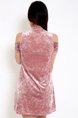 Crushed Velour Choker Neck Cold Shoulder Swing Dress
