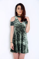 Crushed Velour Choker Neck Cold Shoulder Swing Dress