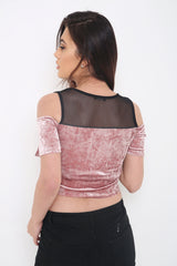 Crushed Velour Mesh Frill Crop Top