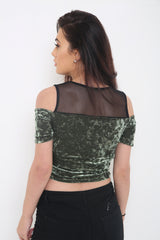 Crushed Velour Mesh Frill Crop Top