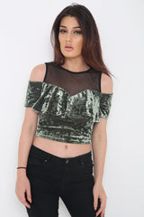 Crushed Velour Mesh Frill Crop Top