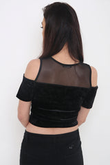 Crushed Velour Mesh Frill Crop Top