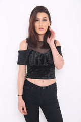 Crushed Velour Mesh Frill Crop Top