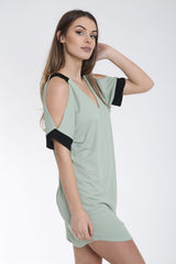 V-Neck Contrast Cold Shoulder Dress