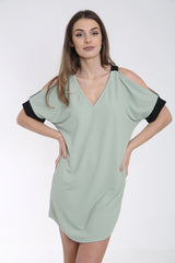 V-Neck Contrast Cold Shoulder Dress
