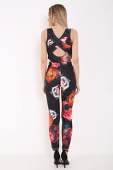 Cross Back Big Floral Print Jumpsuit