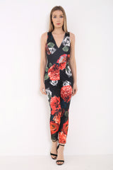 Cross Back Big Floral Print Jumpsuit