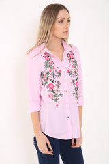 Camisa frontal de botón bordado floral a rayas