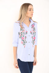 Camisa frontal de botón bordado floral a rayas