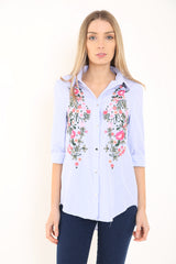 Camisa frontal de botón bordado floral a rayas