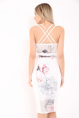 Cross Back Striped Floral Mesh Plunge Dress