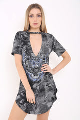 Tie Dye Choker Neck Devil Rider Printed Longline T Shirt Dress