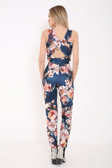 Cross Back Big Floral Print Jumpsuit