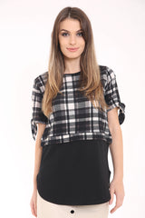 Crepe Fabric Contrast Hem Checked Top