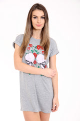 Skull And Rose Print Longline T Shirt Dress