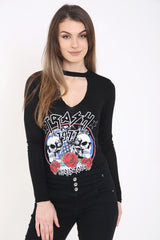 Choker Neck Trash Graphic Printed Bodysuit