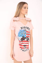 Safety Pin Choker Neck California Printed Longline T Shirt Dress