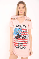 Safety Pin Choker Neck California Printed Longline T Shirt Dress