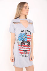 Safety Pin Choker Neck California Printed Longline T Shirt Dress