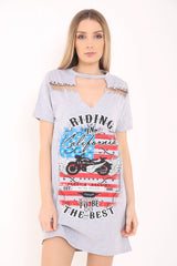 Safety Pin Choker Neck California Printed Longline T Shirt Dress