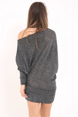 Lurex Knit Metallic Off Shoulder Batwing Dress Top