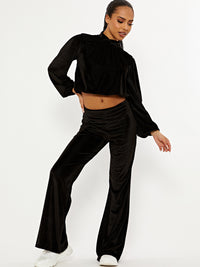 Velour Ribbed Gathered Top & Trouser Co-ord - Black